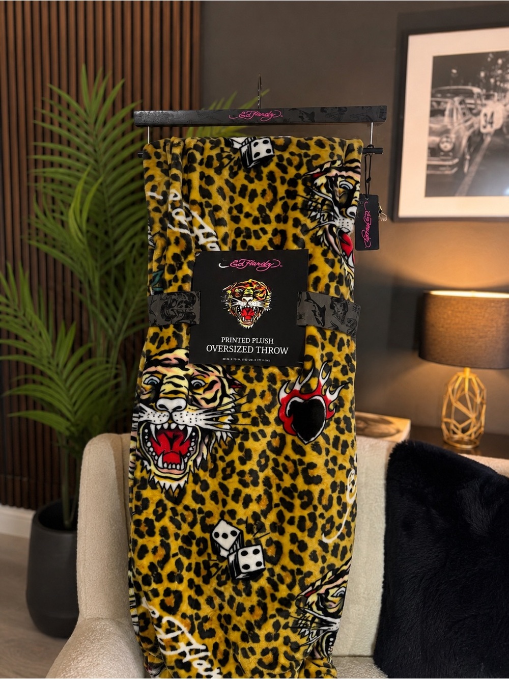 Ed Hardy Yellow Leopard Print Tiger Dice Plush Throw